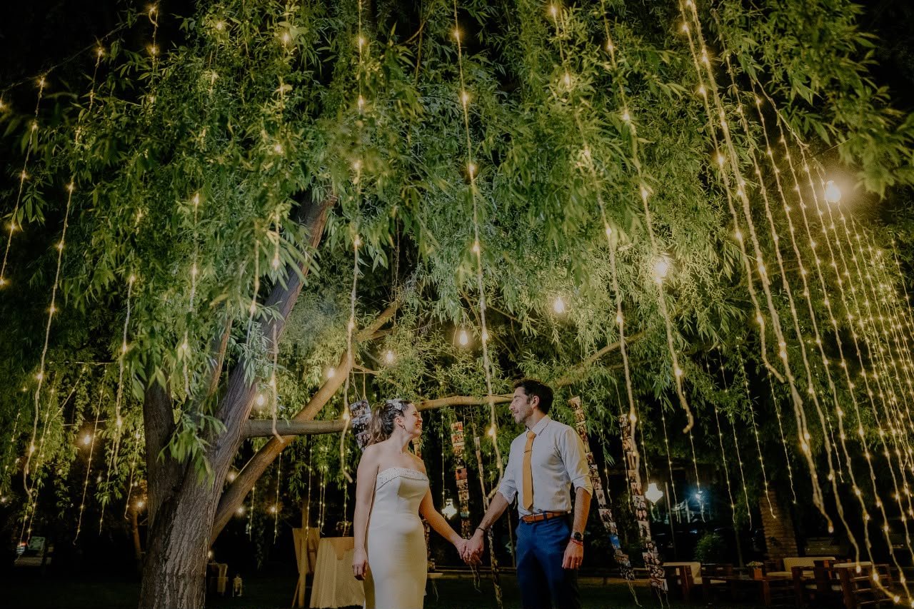 Novios bajo el sauce iluminado con guirnaldas de luces en Casona de los Ríos